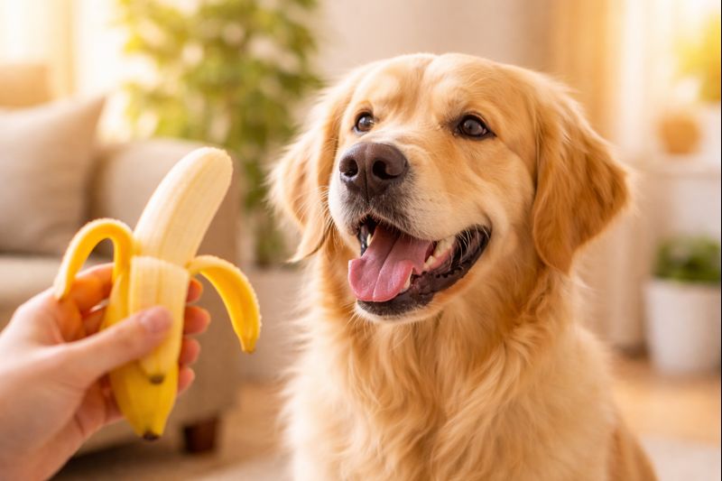 Golden Retriever looking at a banana - Can dogs eat bananas