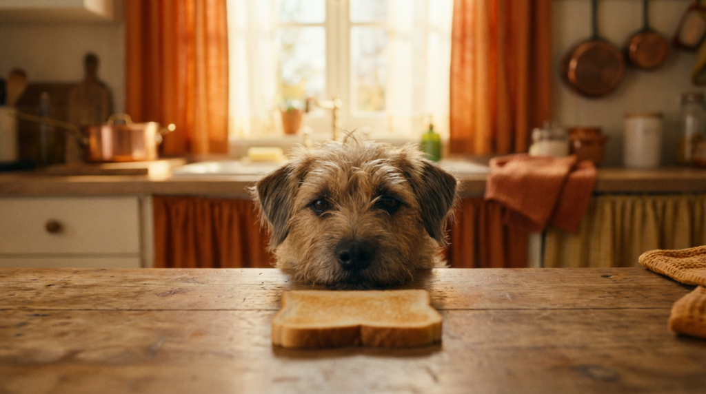 Can dogs eat bread? Dog looking at a slice of toast.