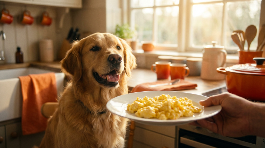 Can dogs eat eggs? Golden Retriever looking at cooked eggs.