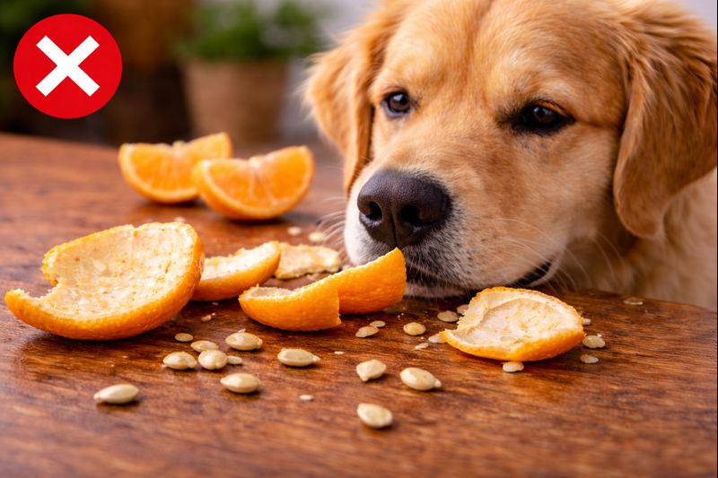 Orange peels and seeds on a table with a warning sign - Danger of feeding orange rinds to dogs.
