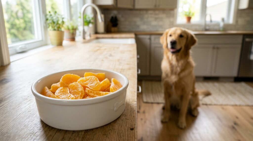 A dog bowl with peeled fruit slices representing can dogs eat oranges