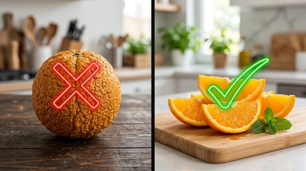 Educational comparison showing peeled slices versus toxic rinds when asking can dogs eat oranges