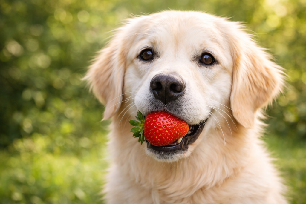 Cute Golden Retriever holding a fresh strawberry in mouth - Can dogs eat strawberries safety guide