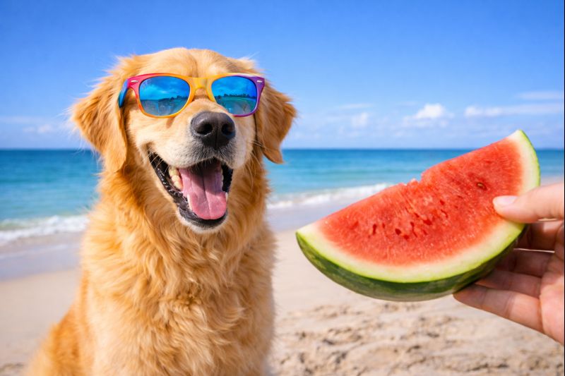 Happy dog wearing sunglasses eating watermelon on the beach - Can dogs eat watermelon hydration guide.