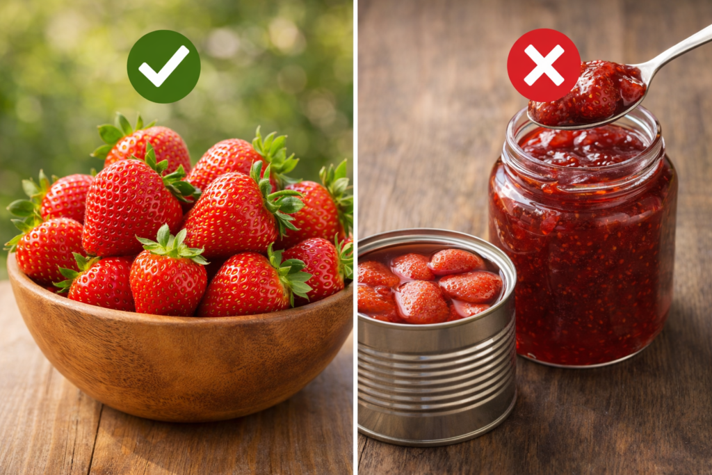 Comparison of safe fresh strawberries vs unsafe strawberry jam and canned fruit for dogs.