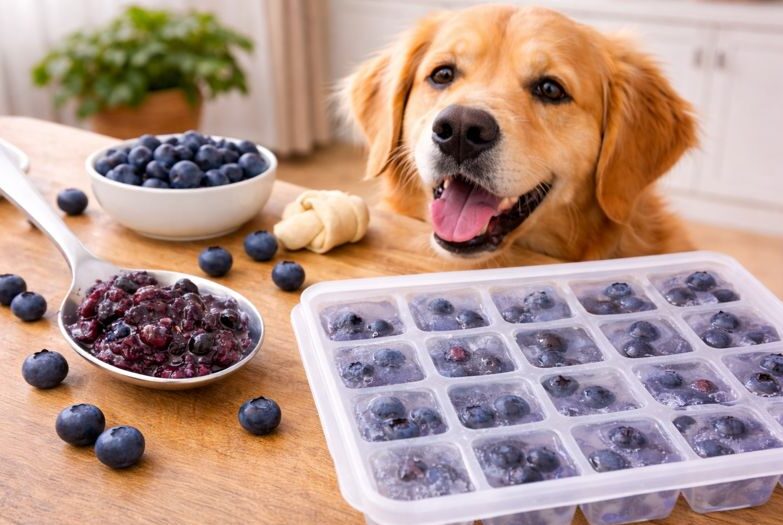 Excited Golden Retriever dog looking at homemade frozen blueberry treats in ice tray and mashed berries on a spoon.