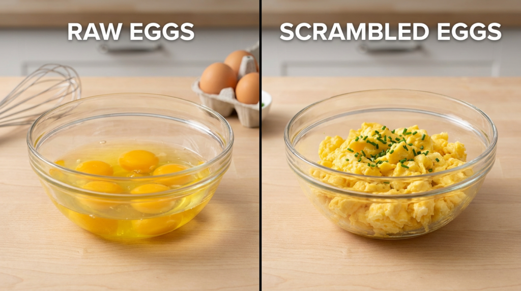 Comparison of raw eggs in a bowl versus cooked scrambled eggs for dogs. Dog food safety guide.