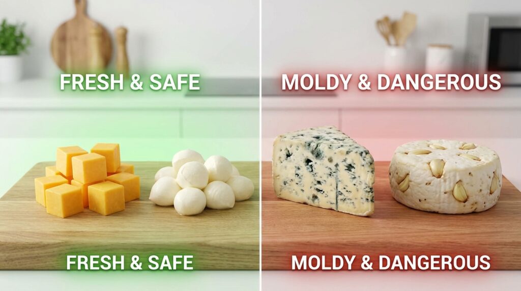 Comparison showing safe cheddar cheese versus toxic blue cheese and garlic cheese for dogs.