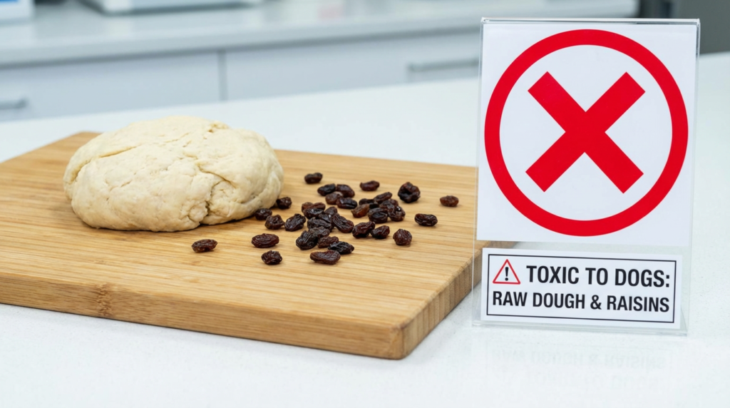 Raw bread dough and raisins with a warning sign for dogs.