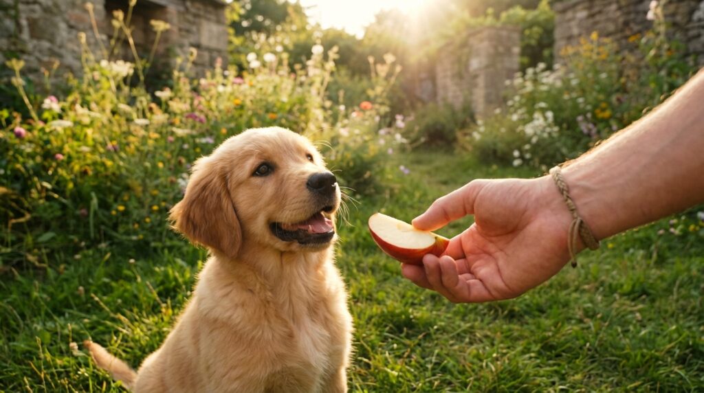 Can dogs eat apples? Golden Retriever looking at red apple slices.