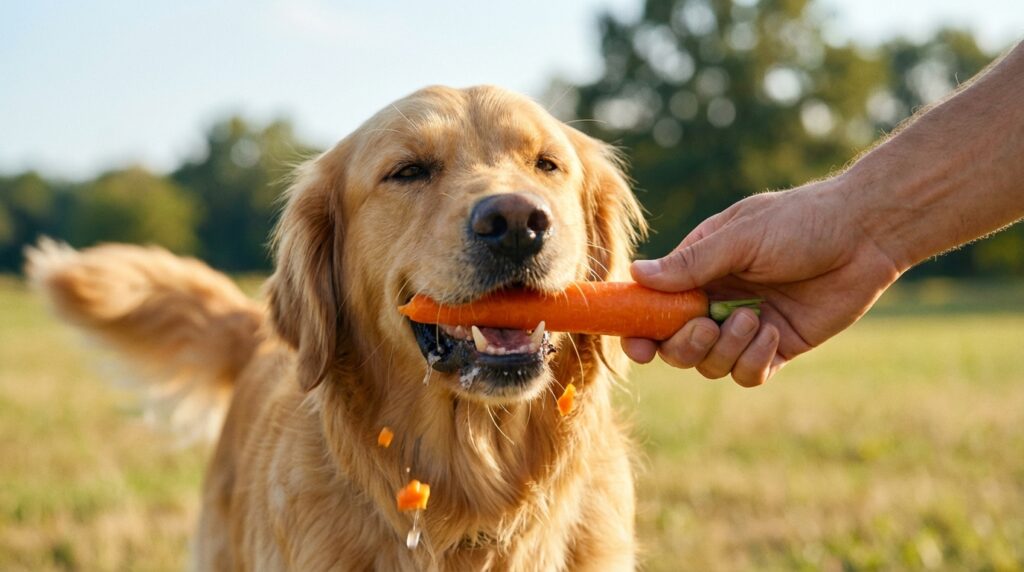 Golden Retriever chewing on a crunchy raw carrot. Can dogs eat carrots?