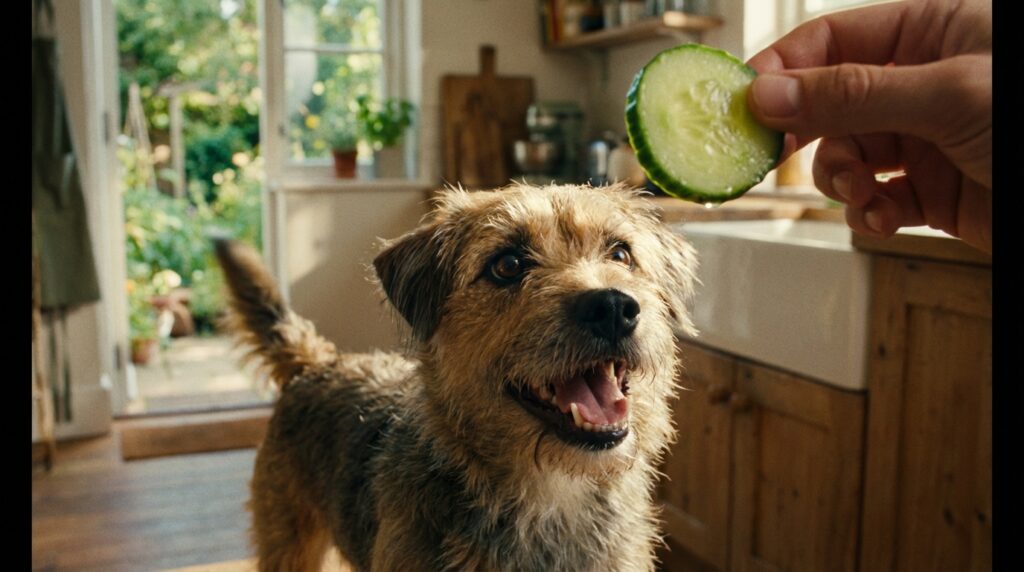 Cute dog looking at a fresh green cucumber slice. Can dogs eat cucumbers?