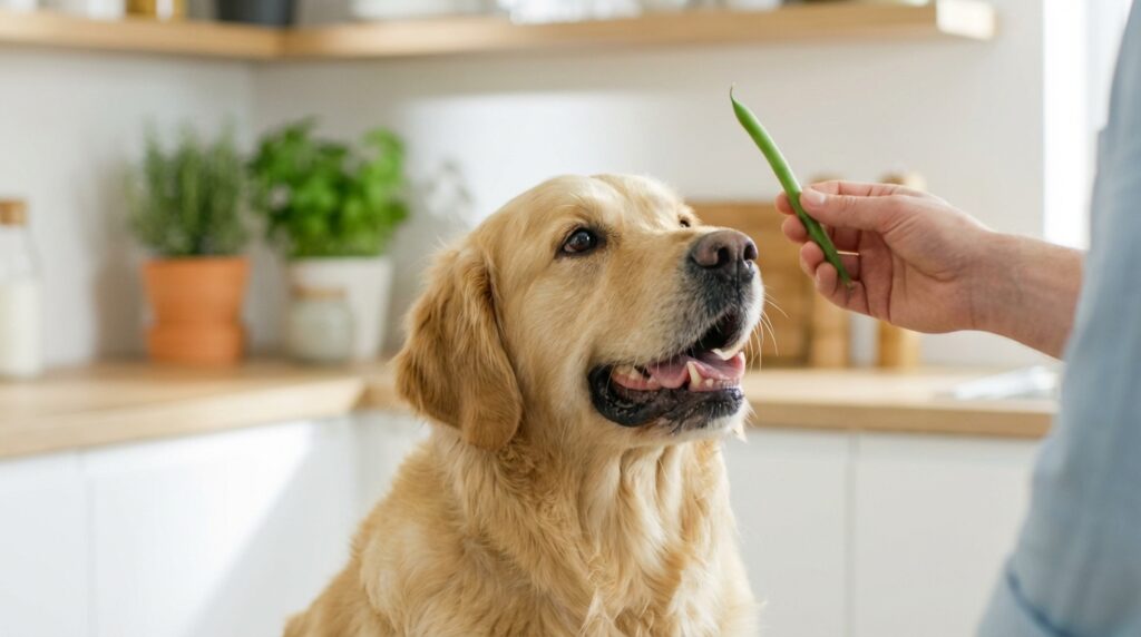 Golden Retriever looking at a fresh green bean. Can dogs eat green beans?