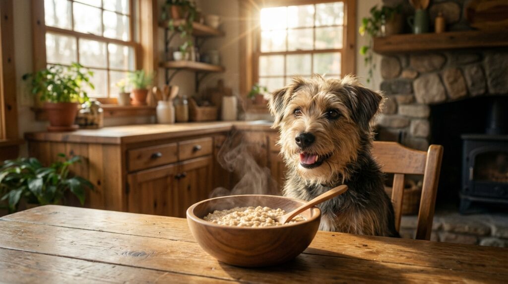 Cute dog looking at a bowl of cooked oatmeal. Can dogs eat oatmeal?