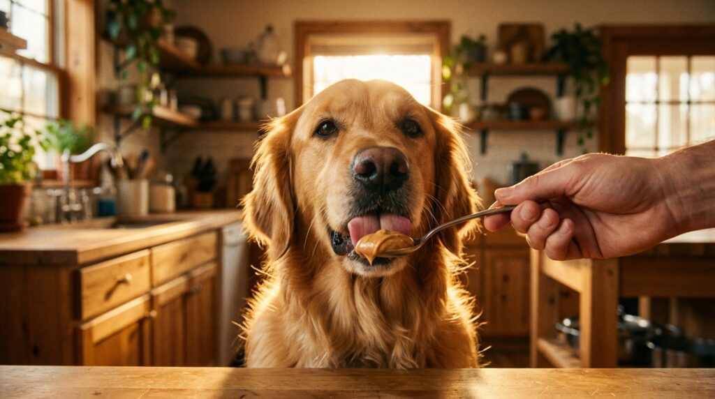 Can dogs eat peanut butter? Golden Retriever licking a spoon.