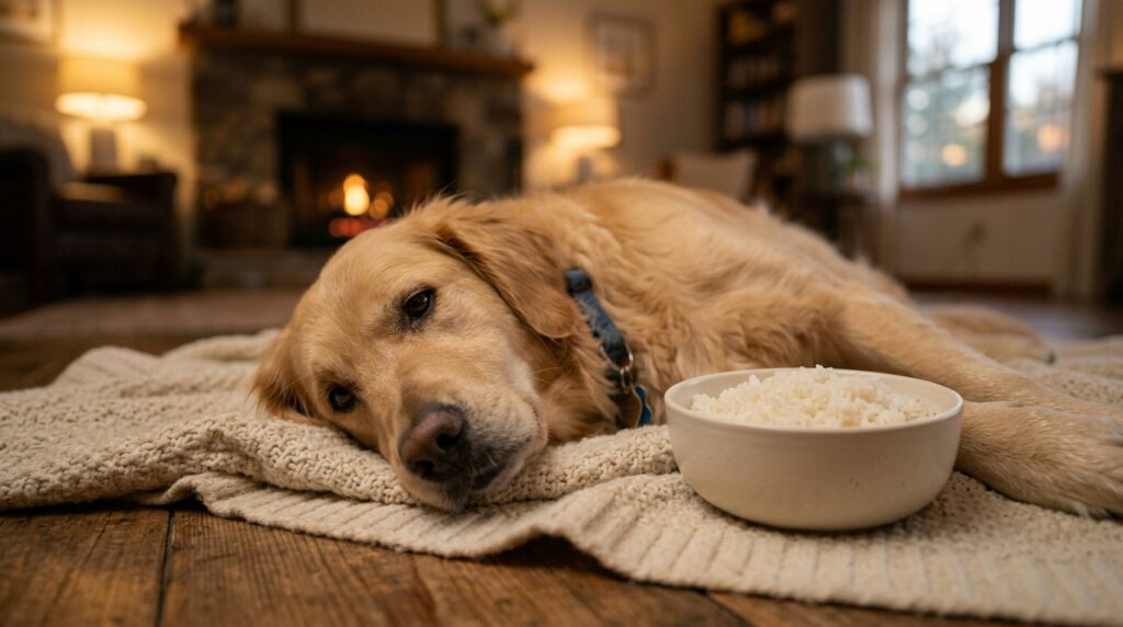 Can dogs eat rice? Golden Retriever looking at a bowl of white rice.
