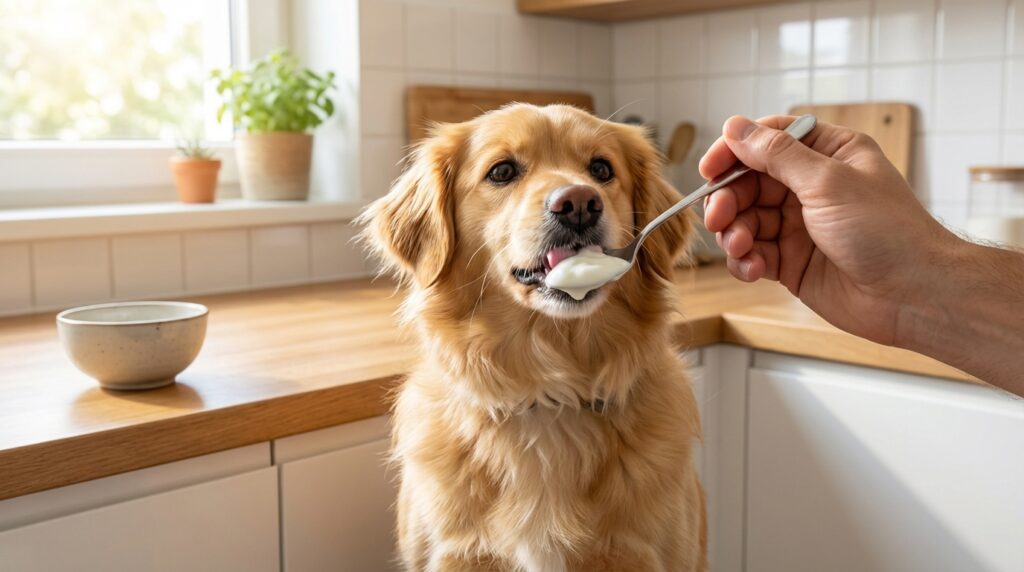 Can dogs eat yogurt? Golden Retriever licking plain yogurt from a spoon.