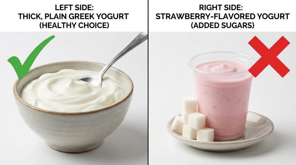 Plain Greek yogurt vs strawberry flavored yogurt comparison for dogs.