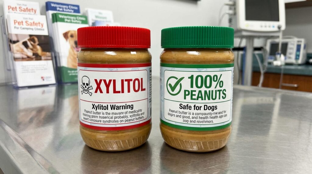 Peanut butter jar label highlighting Xylitol warning.