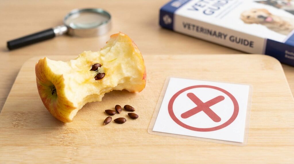 Apple core and seeds with warning sign for dogs.