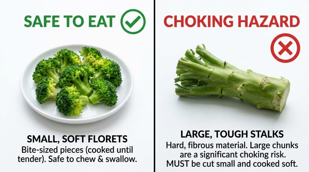 Safe broccoli florets vs thick broccoli stalks choking hazard for dogs.