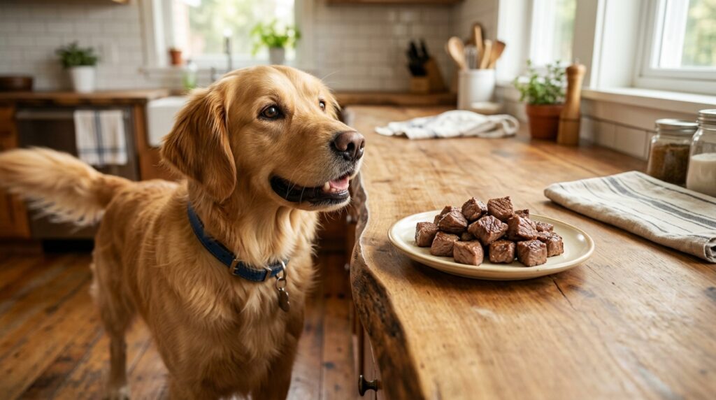 Can dogs eat beef safely cooked and unseasoned.