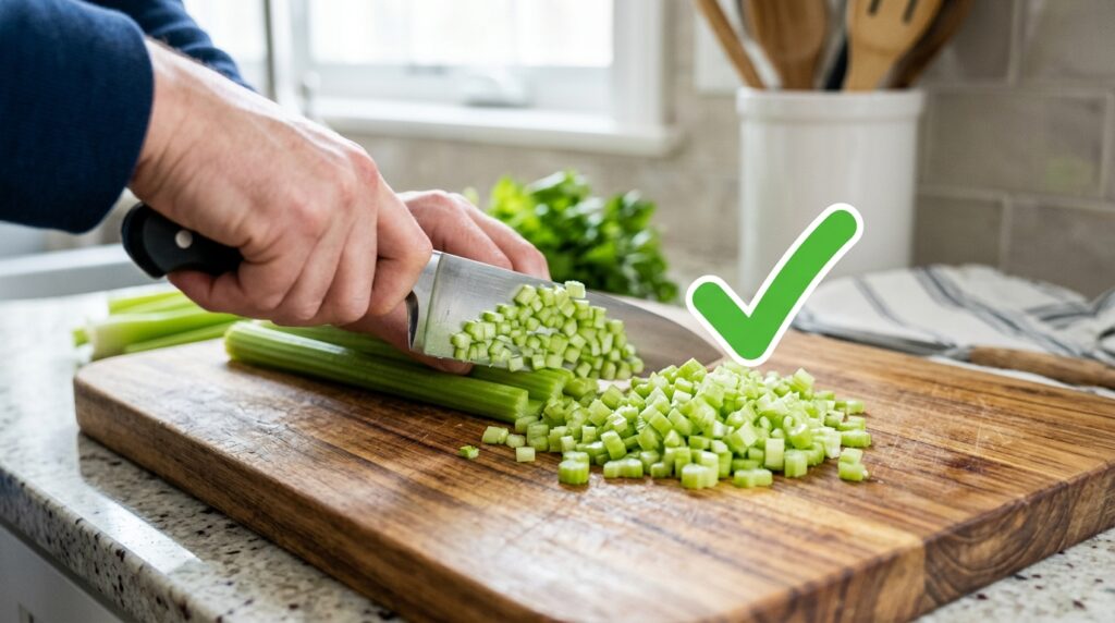 Cutting celery into small bite-sized pieces for dogs to prevent choking.