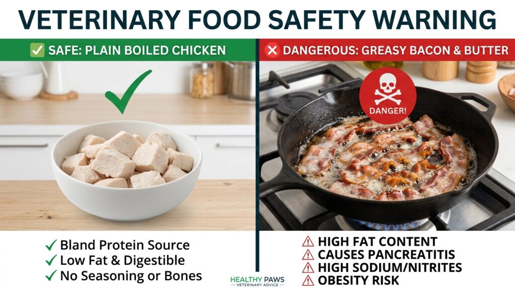 human foods that cause pancreatitis in dogs like bacon and butter.