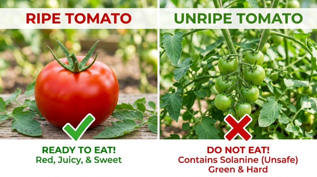 Safe red tomato vs toxic green tomato and vine comparison for dogs.