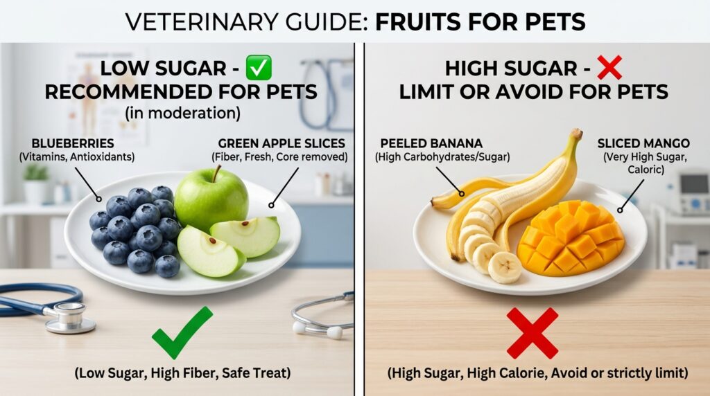 safe fruits for dogs with diabetes like blueberries and green apples.