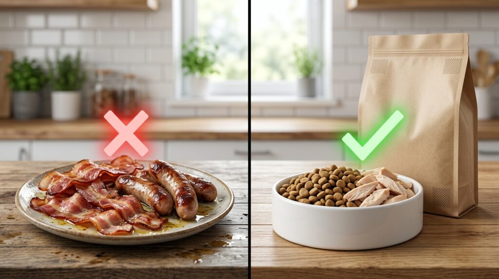 Educational comparison showing greasy foods vs the best dog foods for pancreatitis