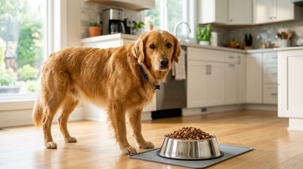 A healthy dog eating from a bowl representing the best dog foods for pancreatitis