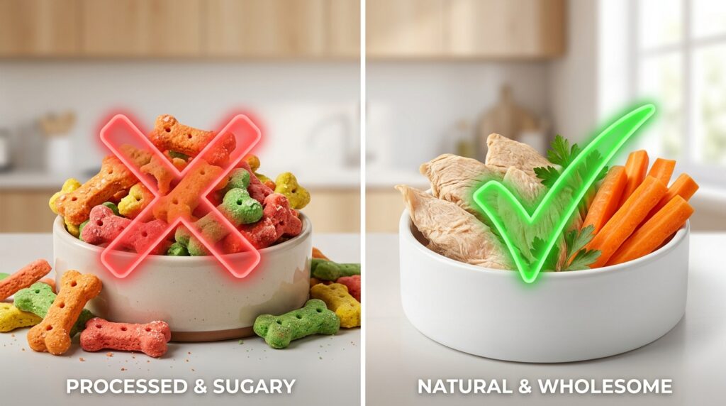 Educational comparison showing sugary biscuits vs the best dog treats for diabetic dogs