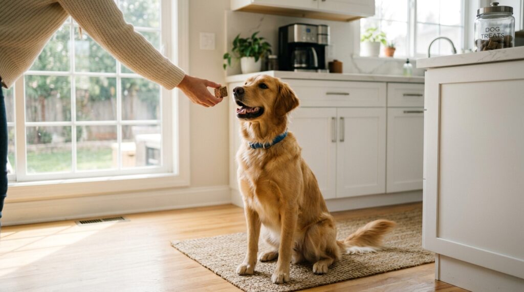 A happy dog receiving a safe reward representing the best dog treats for diabetic dogs