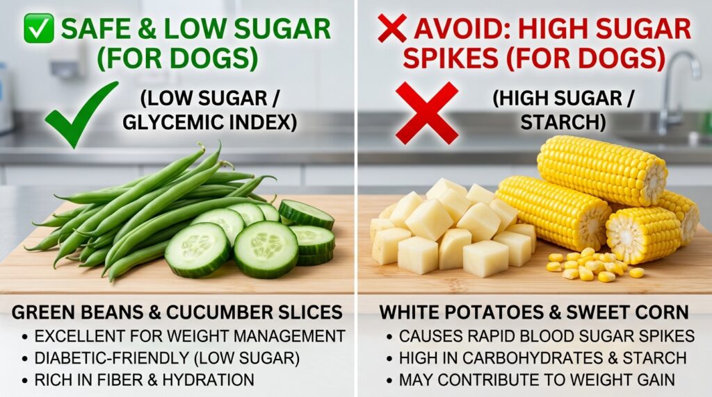 Safe vegetables for diabetic dogs vs starchy potatoes.