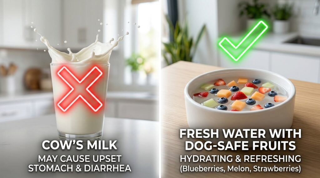 Educational comparison showing safe hydration options when wondering can dogs drink milk