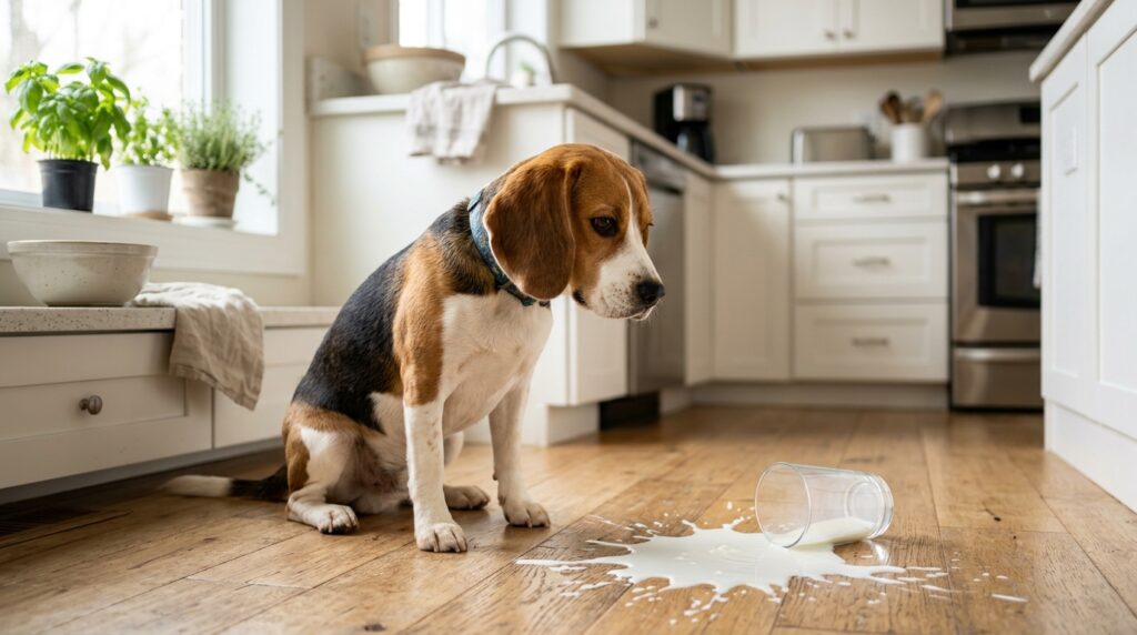 A dog looking at a spilled glass wondering can dogs drink milk