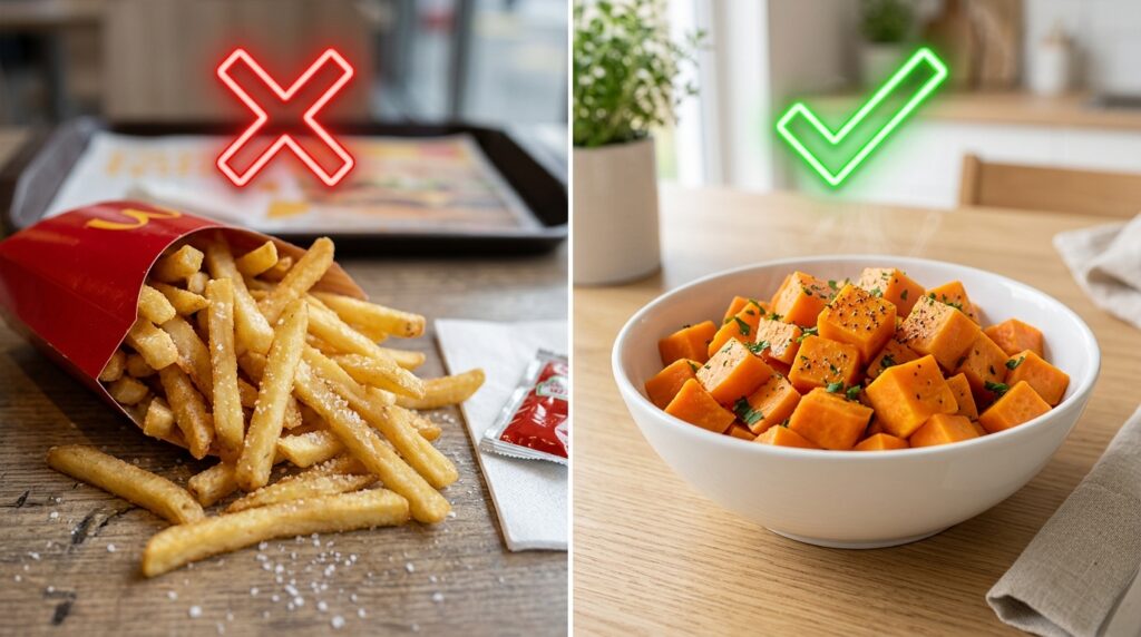 Educational comparison showing healthy alternatives when asking can dogs eat french fries