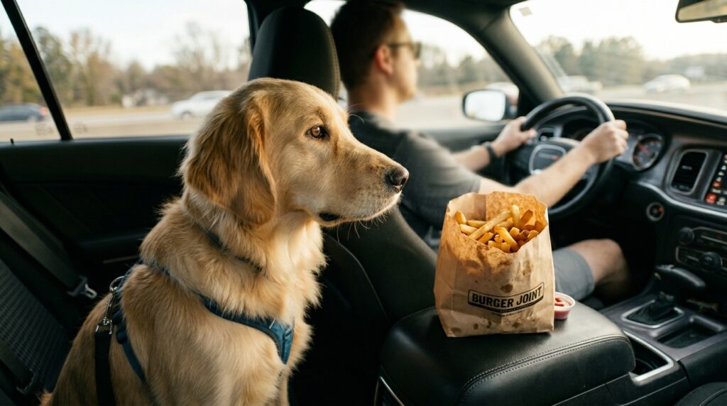A dog looking at french fries wondering can dogs eat french fries