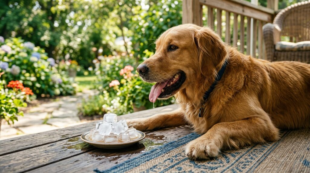 A hot dog panting in summer wondering can dogs eat ice cubes