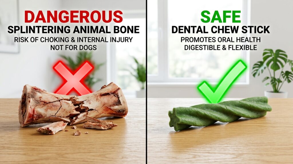 Educational comparison showing dangerous bones versus the safe best dog dental chews