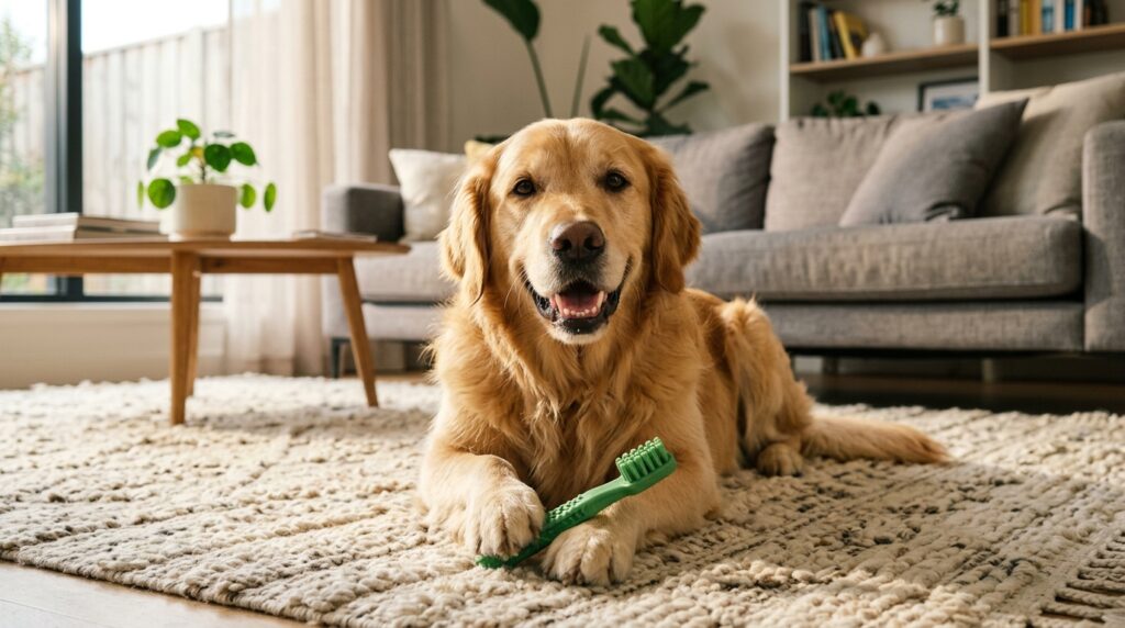 A happy dog holding one of the best dog dental chews for healthy teeth