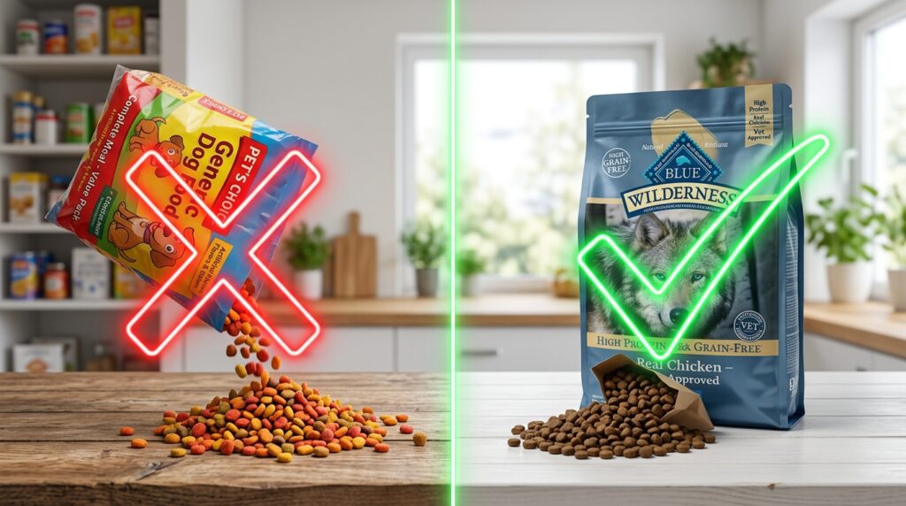 Educational comparison showing cheap kibble versus the best dog foods for diabetic dogs