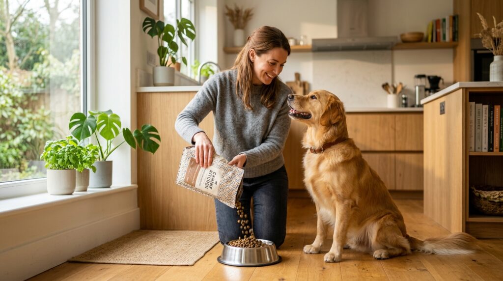 A dog owner pouring healthy kibble representing the best dog foods for diabetic dogs