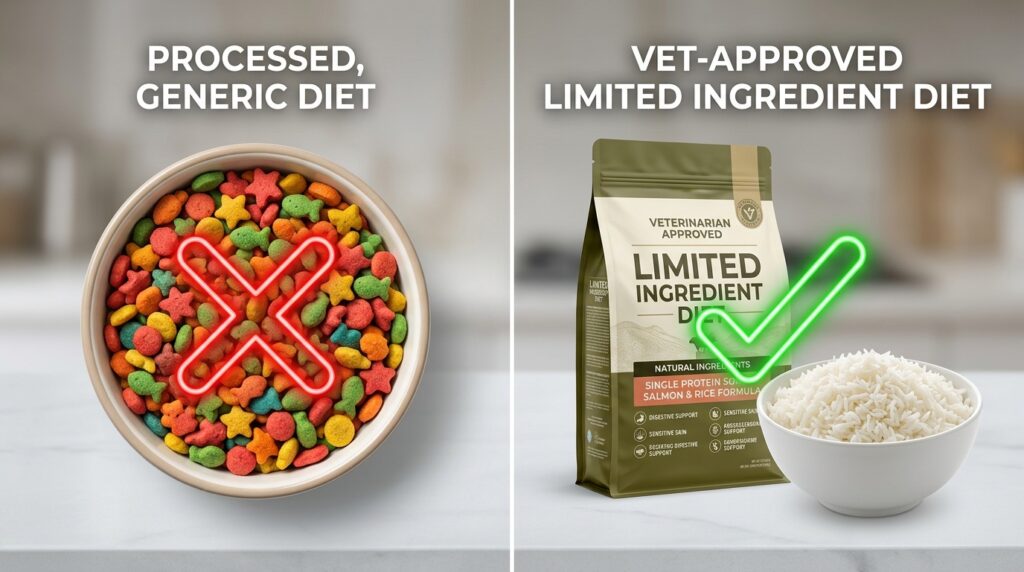 Educational comparison showing cheap kibble versus the safe best dog foods for sensitive stomachs and diarrhea