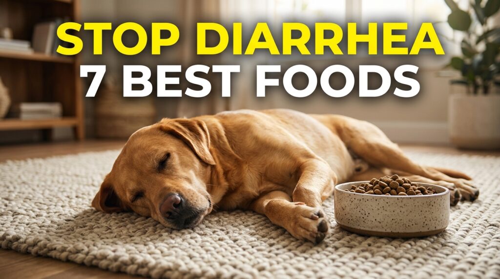 A dog sleeping peacefully under text saying Stop Diarrhea 7 Best Foods representing the best dog foods for sensitive stomachs and diarrhea