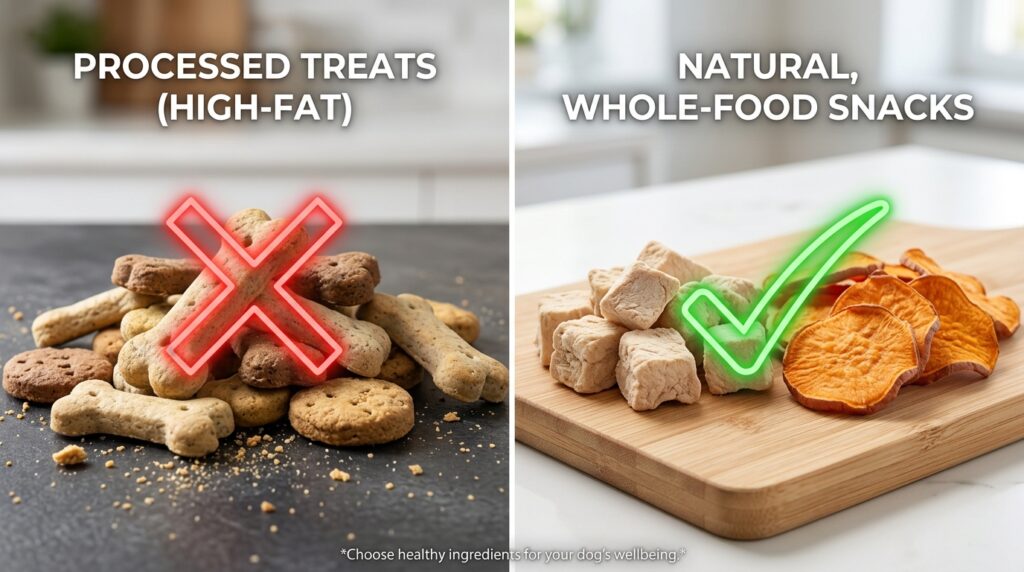 Educational comparison showing high-fat biscuits versus the best dog treats for pancreatitis
