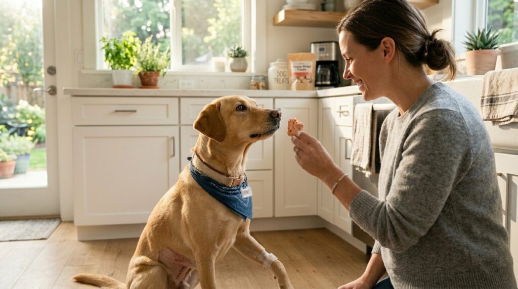 A dog receiving a healthy snack representing the best dog treats for pancreatitis