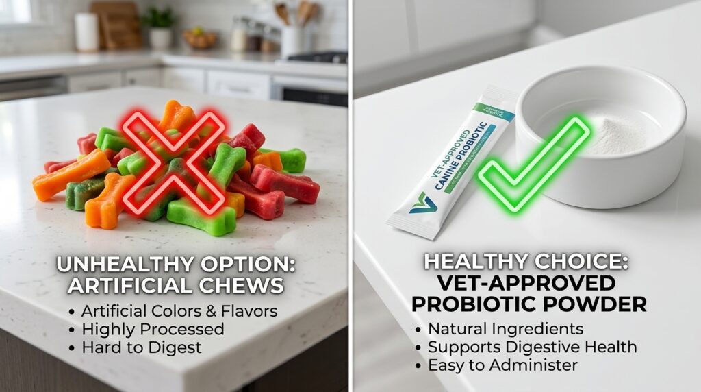 Educational comparison showing safe supplements when searching for the best probiotics for dogs with pancreatitis