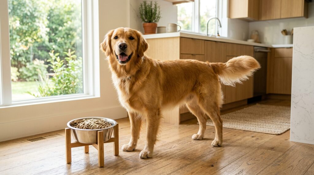 A healthy dog near a bowl representing the best probiotics for dogs with pancreatitis